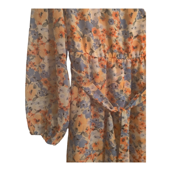 Pretty Garden Women's Floral Print Boho Dress, Long Sleeve,XL, Orange/Blue. - Picture 9 of 11